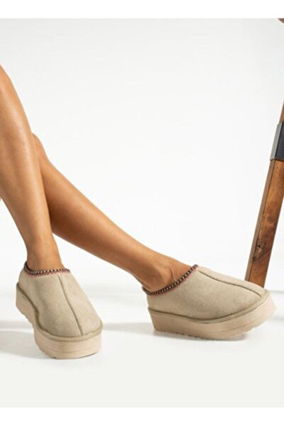 royalmoni Comfortable Suede Flat Sole Fur Lined Women's House Slippers Beige