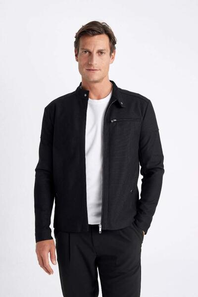 DeFacto Легкий піджак Slim Fit - з високим коміром, на блискавці та з кишенями, сезонний, BLACK