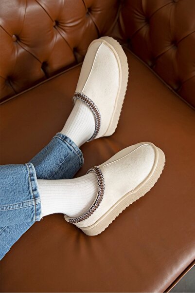 royalmoni Comfortable Suede Flat Sole Fur Lined Women's House Slippers Beige