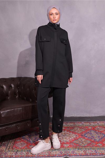 TRENDTESETTÜR Μαύρο γυναικείο σετ παντελονιών Scuba - T 8954