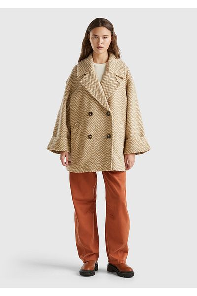 United Colors of Benetton Women's Beige Print Button Closure Short Coat with Side Pockets