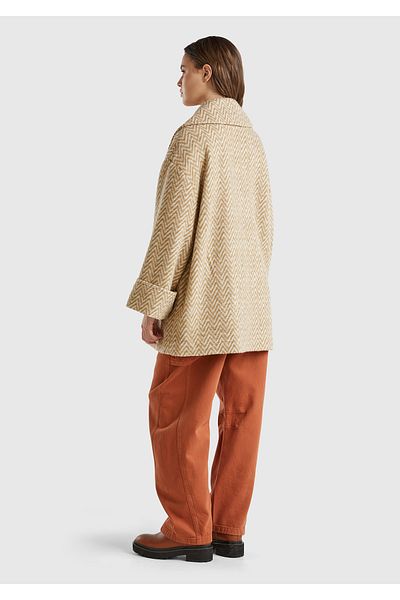 United Colors of Benetton Women's Beige Print Button Closure Short Coat with Side Pockets