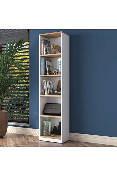 Home Canvas مكتبة دراسة مع 5 رفوف، رف كتب، مكتبة، رف حائط حديث، أبيض - جوز