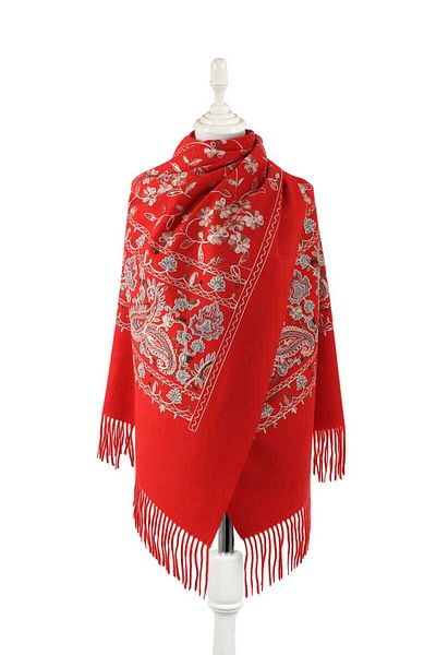 Bursa İpek Red Embroidered Winter Shawl
