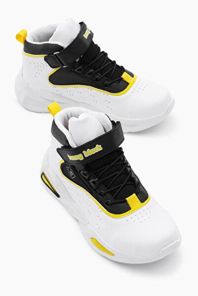 Tonny Black Children's Unisex White Yellow Nylon Sole Rubber Lace and Velcro Sports Basketball Shoes