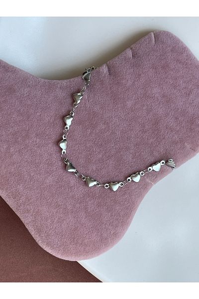 BURÇİN AKSESUAR Silver Colored Row Heart Steel Anklet