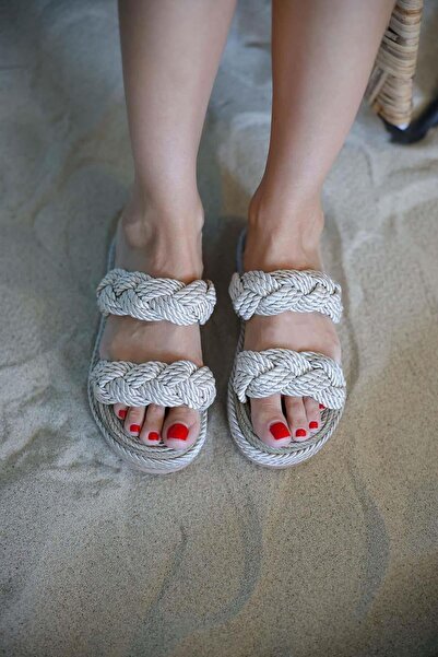 Beyond High Sole Women's Straw Slippers - Cream, 2 Bands, 5cm Byndh2t01