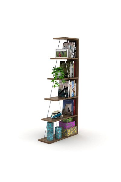 Home Canvas رفوف كتب صغيرة حديثة من Rafevi Tars لغرفة المعيشة أو غرفة الدراسة - لون الجوز والكروم
