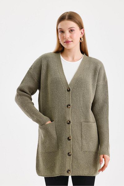 odelon Women's Buttoned Oversize Long Khaki Knitwear Cardigan with Pockets
