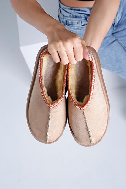 Beyond Γυναικείες Suede House Παντόφλες Mink Tazz - Ultra Mini Κεντημένες, Γούνινη Χοντρή Σόλα, 4cm Byn