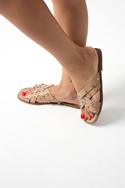 Beyond Women's Nude Trocie Cross Band Round Troc Leather Slippers BYNDTROK01