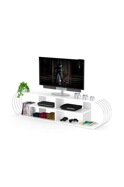 Home Canvas Case TV Unit Modern Living Room Made In Turkey White-Chrome