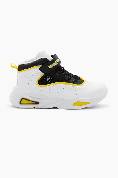 Tonny Black Pantofi de baschet sport unisex, alb, galben, Faylon, cu șireturi din cauciuc și velcro