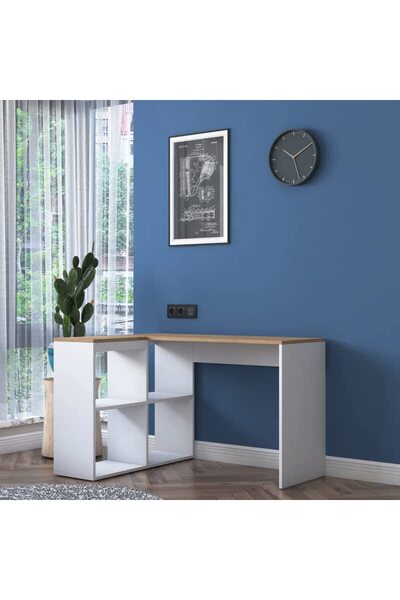 Home Canvas Study Office Computer Desk Corner Table with 4 Shelves 120cm White - Walnut