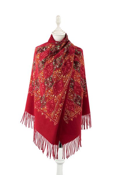 Bursa İpek Burgundy Embroidered Winter Shawl