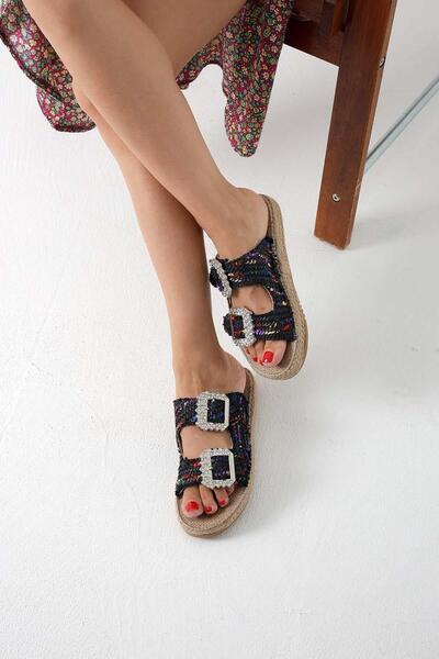 Beyond Women's Black Matte Stone Double Buckle Straw Slippers 5cm Byndmat01