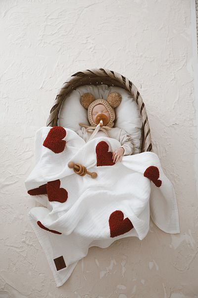 DERY BABY Red Muslin Teddy - Four Layer Blanket with Heart Pattern