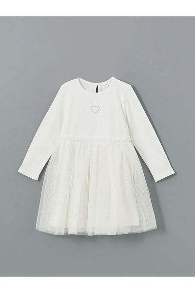 LC Waikiki Παιδικό φόρεμα για κορίτσια LCW Kids Ecru Crew Neck Tutu