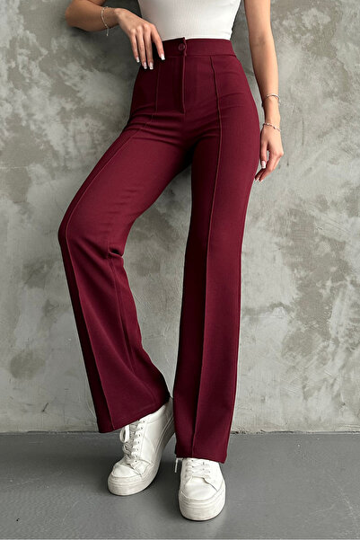 macharel jeans Kadın Bordo Yüksek Bel Toparlayıcı Ispanyol Paça Palazzo Pantolon