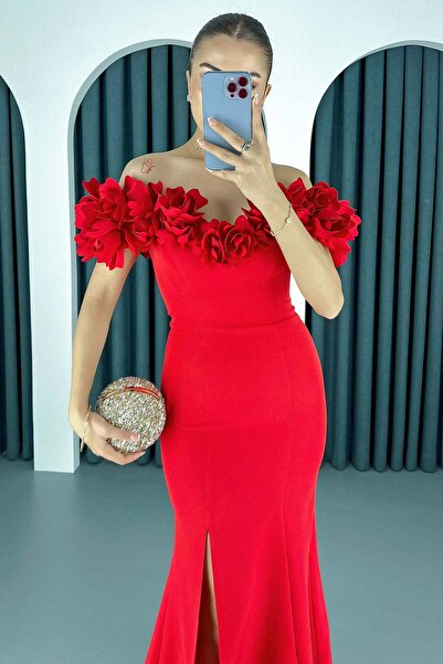 Lafaba Dámské červené dlouhé večerní šaty s růžovým výstřihem