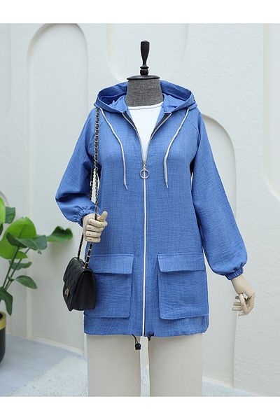 Modamorfo Indigo Linen Cap with Bag Pocket, Elastic Skirt and Zipper