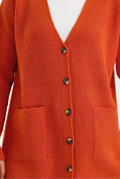 odelon Women's Buttoned Oversize Long Orange Knitwear Cardigan with Pockets