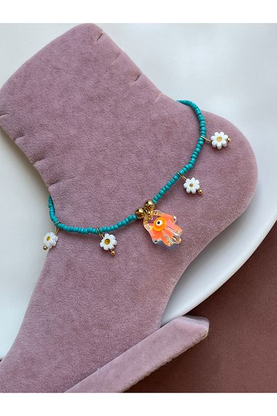 BURÇİN AKSESUAR Daisy Dangle Fatma Mother's Hand Beaded Steel Anklet