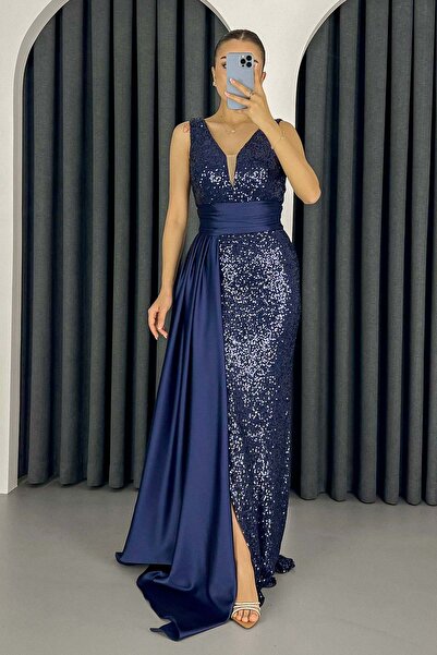Lafaba Női sötétkék derék, flitteres flitteres hosszú estélyi ruha