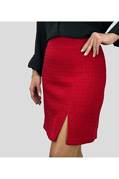 ABAS Tüvit Kumaş Kırmızı Önden Yırtmaçlı Mini Boy Astarlı Düz Etek
