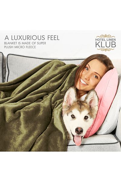 Hotel Linen Klub بطانية مزدوجة من الصوف الدقيق، 200 × 220 سم، زيتوني