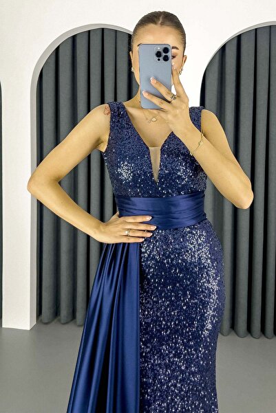 Lafaba Női sötétkék derék, flitteres flitteres hosszú estélyi ruha