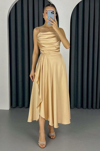 Lafaba Women's Gold Flounce Slit Satin Midi Length Evening Dress & Homecoming Dress
