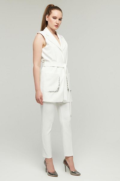 Appleline White Jewelled Belted Women's Vest and Trousers Set