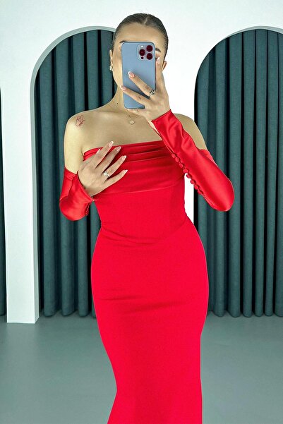 Lafaba Women's Red Neckline Detailed Fish Evening Dress