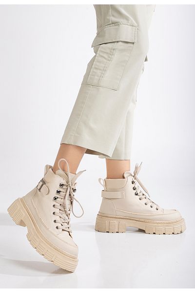 Tonny Black Women's Beige High Poly Sole Side Buckle Lace up Boots