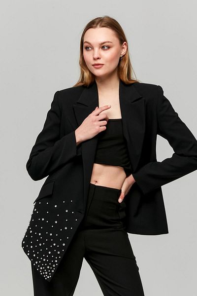 Appleline Black Stone Embroidered Women's Jacket with Asymmetric Cut