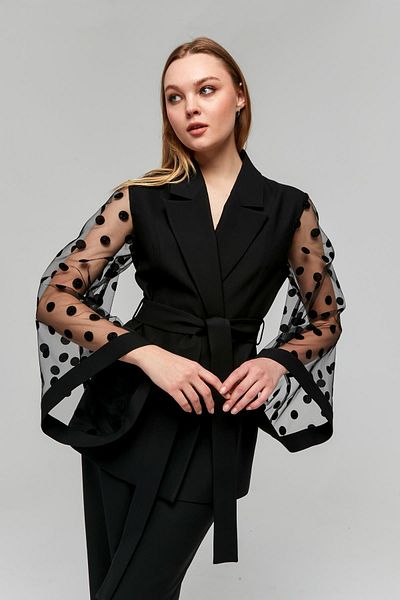Appleline Black Velvet - Guipure Sleeve and Belted Polka Dot Jacket