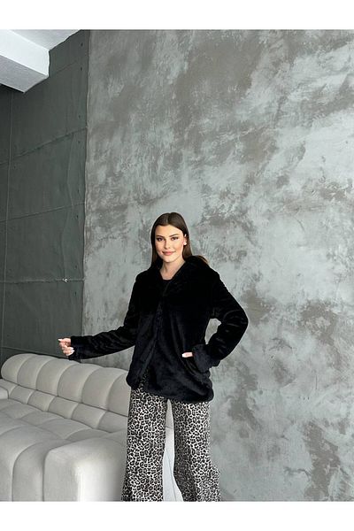 LİSAA BUTİK Women's Hooded Plush Fur Coat