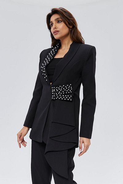 Appleline Stone Embroidered Ruffle Belted Black Women's Jacket - Special Design