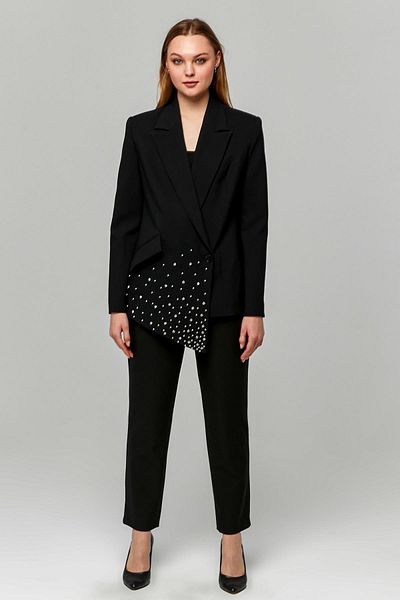 Appleline Black Stone Embroidered Women's Jacket with Asymmetric Cut