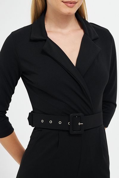 lovebox Women's Belt Detailed Double Breasted Collar One Piece Long Sleeve Black Jumpsuit Black Jumpsuit 32044