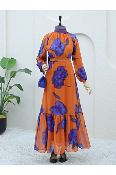 Modamorfo Oranžové šifonové šaty s elastickým pasem a šněrovací podšívkou