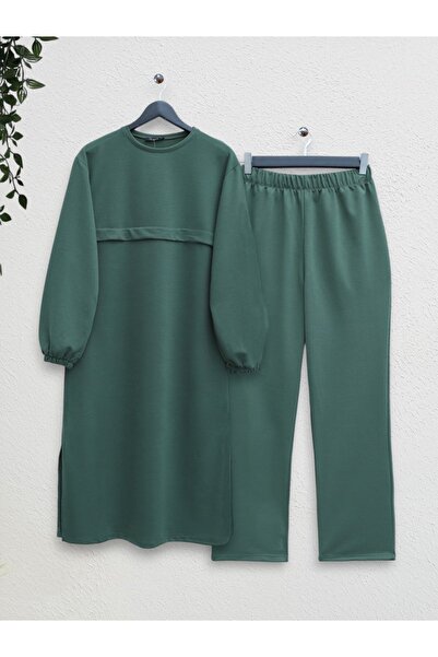 Modamorfo Round Neck Top Long Two Thread Combed Cotton Suit -Khaki