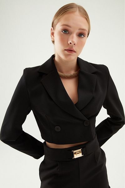 Quzu Μαύρο διπλό στήθος Crop Blazer Jacket