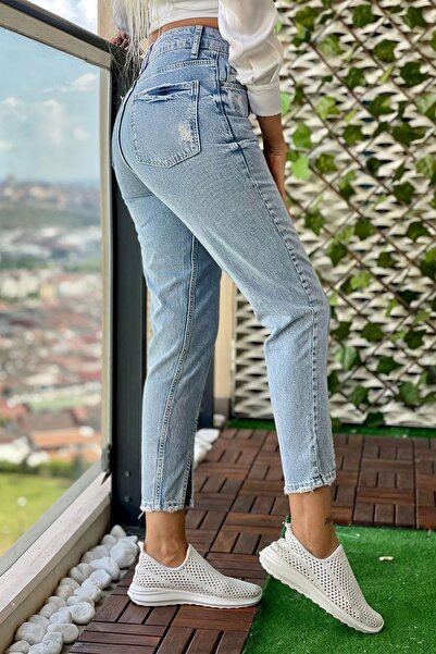 THE BARK Önden Yırtmaçlı Kadın Mom Jean Pantolon 4074-830 Açık Mavi