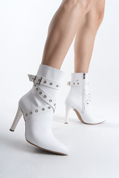 Shu Mhu KADIN RAHAT ÇİVİ TOPUK KEMERLİ SİVRİ BURUN BEYAZ BOT