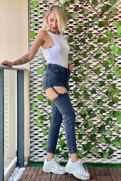 THE BARK Taş Detaylı Kadın Mom Jean Pantolon 4057-896 Siyah