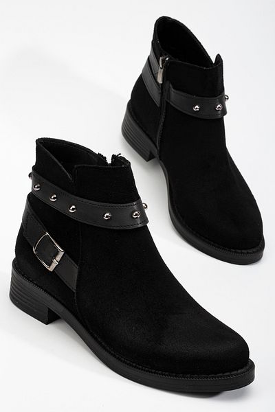 Tonny Black Γυναικείες μαύρες σουέτ Thermo Sole πόρπη με φερμουάρ στο πλάι με κοντό τακούνι