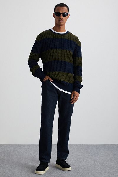 GRIMELANGE Narvık Men's Recyle Soft Crew Neck Hair Knit Patterned Knitwear Navy Blue-Green Sweater