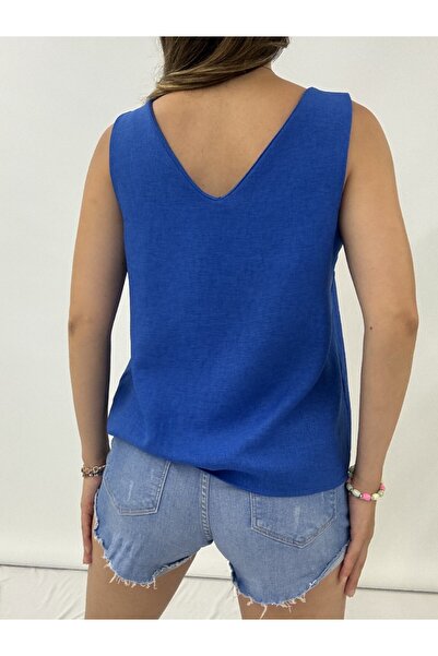 Modamorfo V Neck Zero Sleeve Linen Blouse -Saks